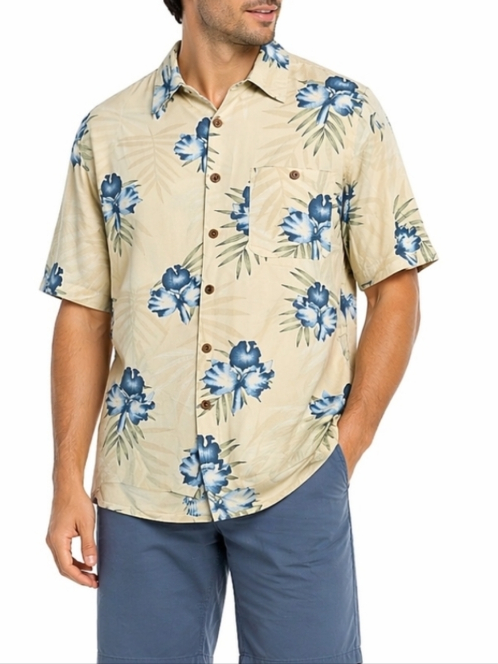 Banana Cabana 100% Silk Hawaiian Floral Print Short Sleeve Button Down S…